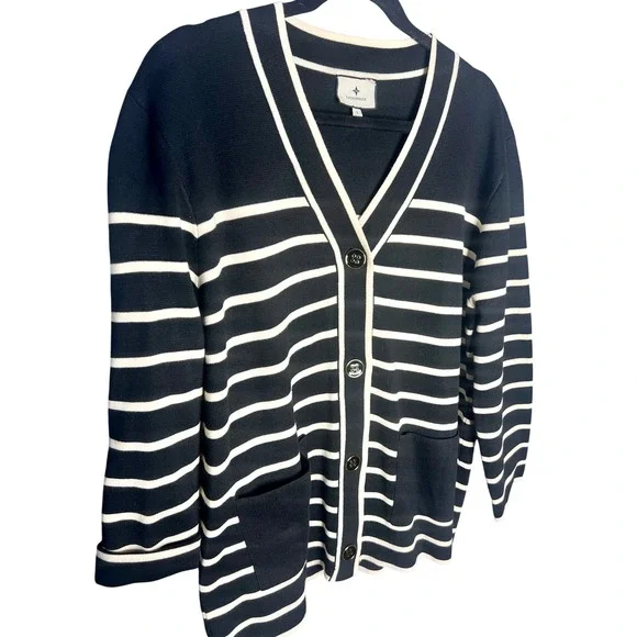 Tuckernuck Lauren Cardigan Size Small Black White Striped V Neck Sweater - Picture 4 of 7